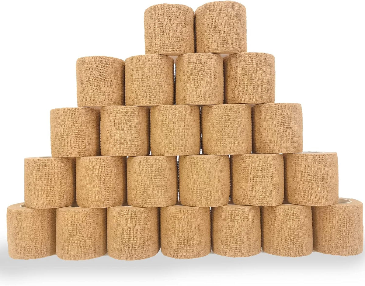 24 Pack Brown Breathable Self Adhesive Bandage Wrap 2 in, Multi-Purpose Non-Woven Cohesive Wrap - Vet Wrap | Athletic Tape | Medical Tape, Ankle Sprains, Swelling, Pets.