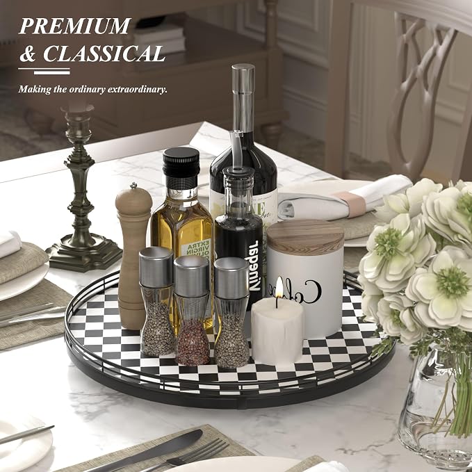 16" Black and White Kitchen Lazy Susan Turntable, Round Checkered Decorative Tray, Large Lazy Susan for Dining Table Centerpiece, Pantry, Kitchen, Bathroom, Countertop, Cupboard, Home Decor