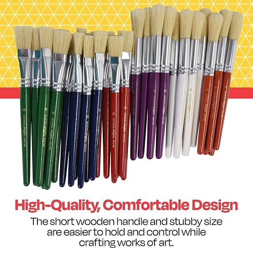 School Smart Stubby Ox Hair Paint Brushes for School and Arts and Crafts Use, Assorted Colors and Sizes, Bulk Set of 36