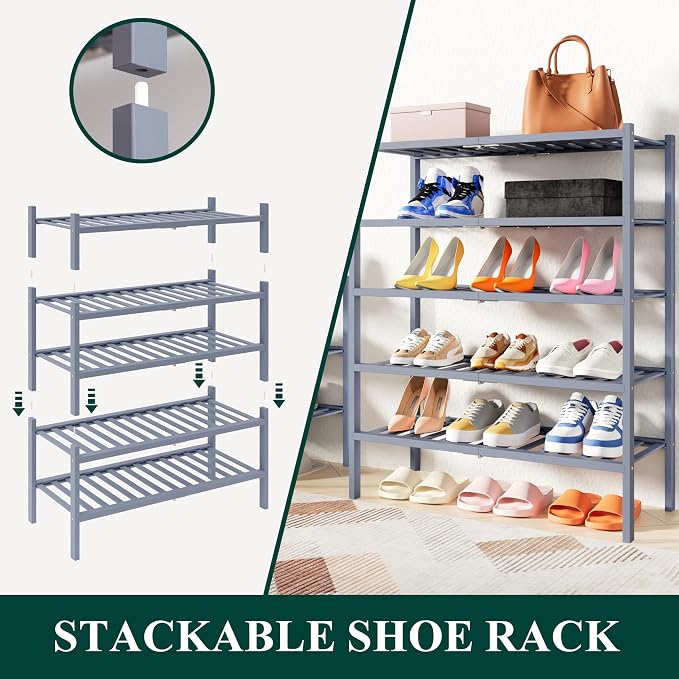 Smiry Bamboo Shoe Rack, 5 Tier Free Standing Wooden Shoe Organizer, Stackable Wood Shoe Storage Shelf for Closet, Entryway, 14 Vertical Slats, 2+2+1 Stack Heavy-Duty Legs, 26.8"x11"x32.5", Grey