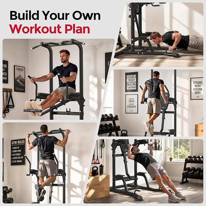 Heavy Duty Power Tower, Light Commercial Grade Steel Frame, 800 LBS Weight Capacity, Multi-Function Pull Up Bar & Dip Station with Crunch Leg Raise, Home Gym Gear for Back and Core Workout