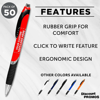 DISCOUNT PROMOS Ballpoint Pens With Rubber Grip - 50 pack - Customizable Text, Logo - Black Ink Ball Point Pen with Soft Touch Plastic - Red