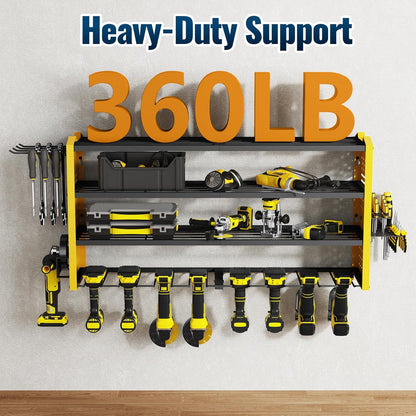 Tomorotec Wall-Mounted Power Tool Storage Rack for Drill, Toolbox & Accessories, Heavy-Duty Steel Organizer with Side Hooks and Adjustable Shelves, Easy Installation Garage & Workshop Storage (Yellow)