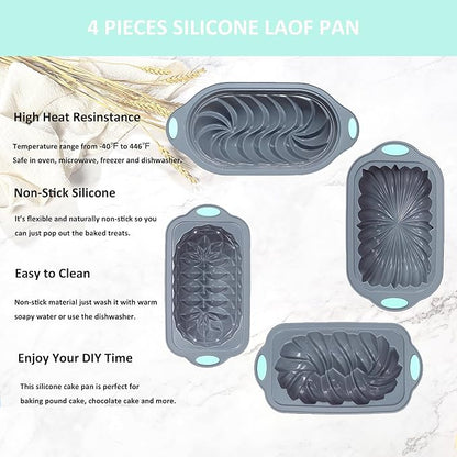 Tongjude 4 Piece Silicone Loaf Pan for Baking, Non-Stick Kitchen Oven Bread Pan, Perfect for Banana Bread, Sandwich, Pound Cake and Meatloaf, 6 Cups, Grey
