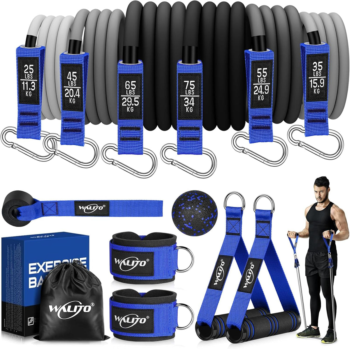 WALITO Resistance Bands Set - Exercise Bands with Handles, Door Anchor, Legs Ankle Straps, for Heavy Resistance Training, Physical Therapy, Muscle Training, Yoga, Home Workouts