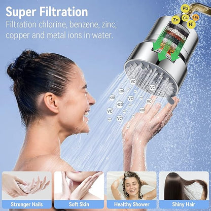Filtered Shower Head, 3 Modes High Pressure Shower Head with 15 Stage Hard Water Filter Cartridge for Remove Chlorine and Harmful Substances