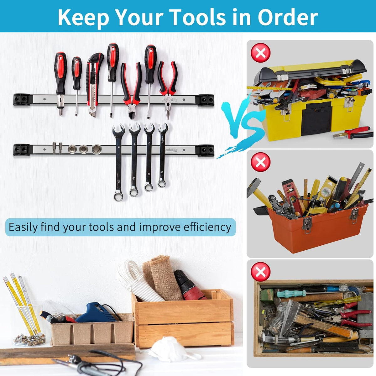 6 Pieces 24" Magnetic Tool Holder Strip, Stainless Steel Surface Tool Magnet Bar, Metal Tool Organizer Rack for Garage Organization, Easy To Install in Workshop, Mounting Screws Included
