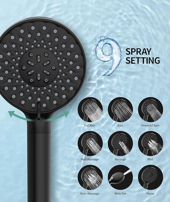 SR SUN RISE Filtered Shower Head with Handheld, High Pressure 9 Spray Mode Matte Black Showerhead with Filters, detachable shower head,Water Softener Filters Beads for Hard Water - Remove Chlorine