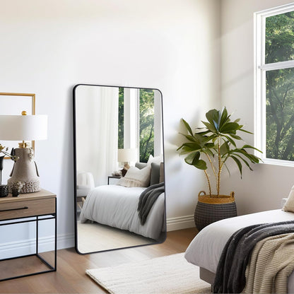 FORBATH Large Bathroom Mirror 36 x 55 Inches，Black Large Wall Mirror Aluminum Frame Wall Mounted Rounded Corner Morndern Mirror for Bathroom Bedroom Entryway Living Room