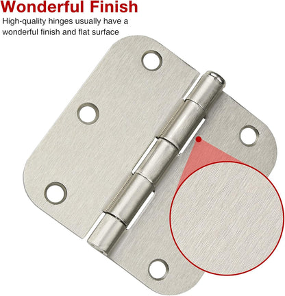 30 Pack Rounded Satin Door Hinges Brushed Nickel 3.5 Inch Interior 3 1/2 Inch 5/8" Radius Corners Iron Bifold Silver Residential Bed Room Hinge for Doors Hardware Controls House Decor Accessories