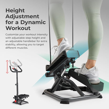 Sunny Health & Fitness Total Body 2-in-1 Smart Stepper Machine for Home with Handlebar and Resistance Bands, Total Body Workout, Adjustable Hydraulic, LCD Monitor, Non-Slip Pedals – 330 LB Max Weight