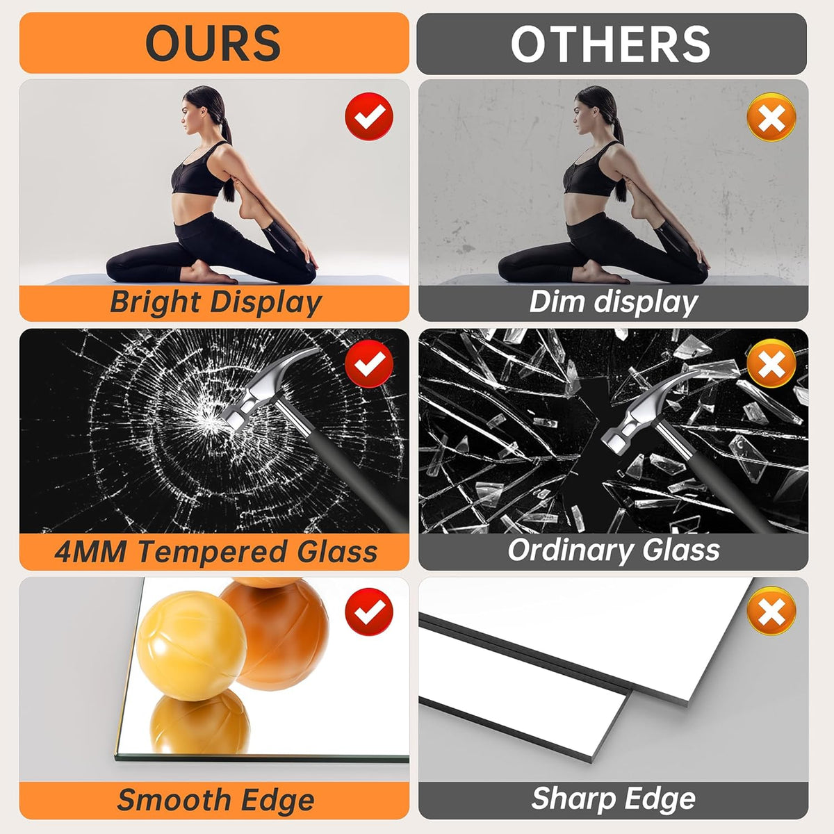 Hasipu 48''x30'' Home Gym Mirror Large Full Length Wall Mounted Full Body Mirror for Yoga Dance Fitness Exercise Studio Bedroom Garage, Frameless Tempered Glass Workout Mirrors Black Rectangular