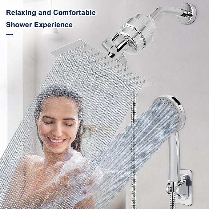 NearMoon Filtered Shower Head, High Pressure 8″Square, 5 settings Handheld Rain Shower Filter Combo with Self-adhesive Holder/1.5M Hose -1 Replaceable Filter Cartridge (Chrome Finish)