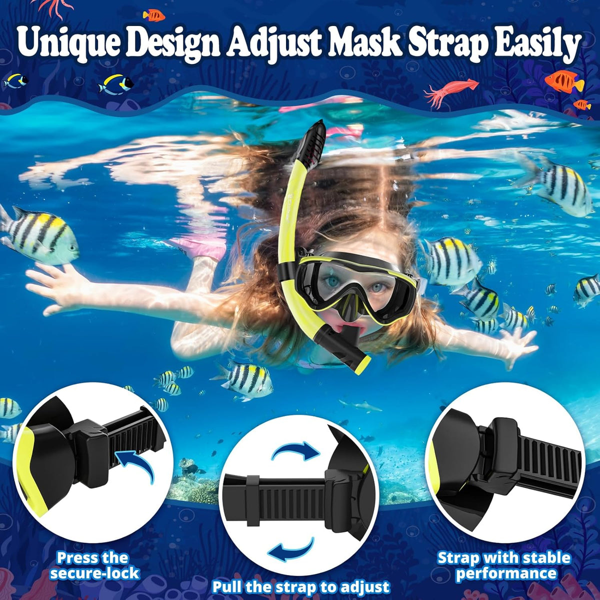 U PHITNIS Kids Snorkel Set for Age 4-14 - Dry Top Snorkeling Gear for Kids Junior & Youth - Childs Diving Mask with Big Eyes for Boys Girls - Anti-Fog Snorkeling Mask and Snorkel Set