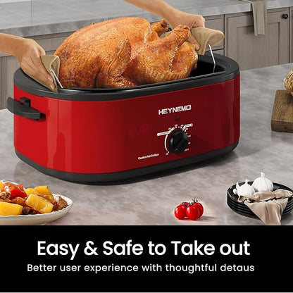 20 Quart Roaster Oven，Electric Turkey Roaster Oven with Defrost & Warm Function, Adjustable Temperature, Removable Pan & Rack, Stainless Steel, Red
