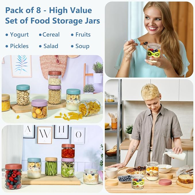 KEYWING 8 Pack Overnight Oats Containers With Lids, 16oz +10oz Wide Mouth Mason Jars with Airtight Lids, Meal Prep Containers Food Storage Glass Jars in Bulk for Snack Yogurt Parfait Spice Sugar