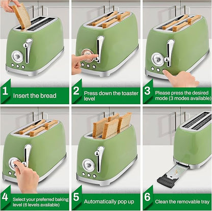 SUSTEAS Toaster 4 Slice Wide Slot, Stainless Steel Bread Bagel Toasters, Retro Long Slot Tostadora for Defrost, Reheat, Removable Crumb Tray, 1500W, 6 Browning Settings, Green