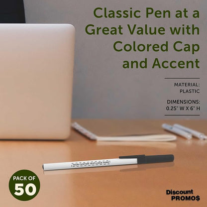 DISCOUNT PROMOS Custom Value Stick Pens Set of 50, Personalized Bulk Pack - Blue Ink, Great for Office, School, Business, Tradeshows, Events - Black Cap
