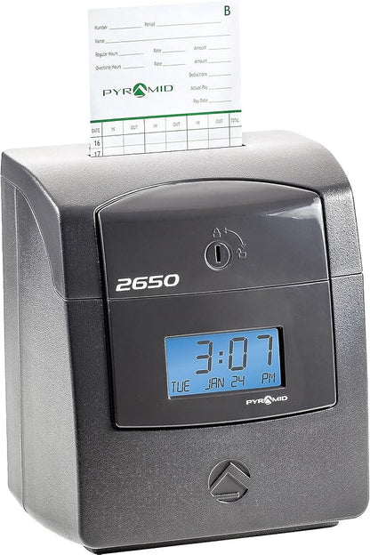 Pyramid Time Systems - 2650 Pro Auto Aligning Time Clock - Charcoal | Bundle Includes 25 Time Cards, Ribbon and 2 Security Keys (5"h x 7.25"w x 8.5"d)