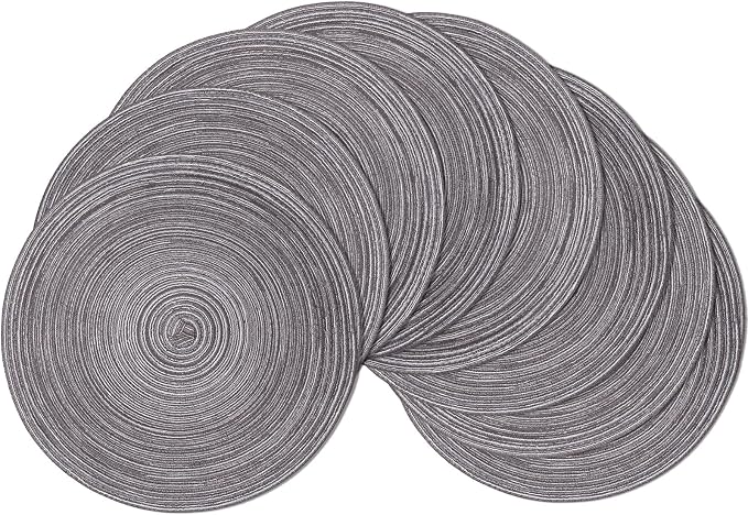 SHACOS Round Braided Placemats Set of 8 Round Table Mats for Dining Tables Non Slip Washable (Black Grey, 8)