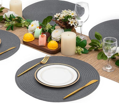 SHACOS Round Placemats Set of 6 Washable 15 inch Round Table Mats Cotton Polyester Woven Braided Place Mats for Dining Table (Charcoal Gray, 6)