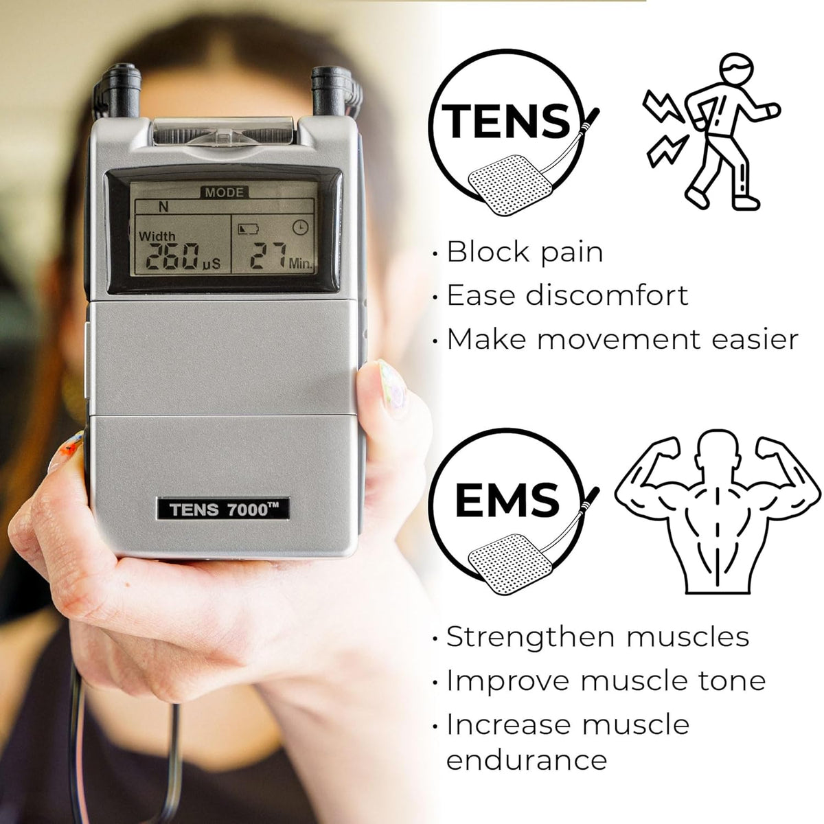 TENS 7000 Rechargeable Tens Unit Muscle Stimulator, EMS Muscle Stimulator, Back Pain Relief, 4 Electrodes/Unit Pads, Period Pain Simulator, Muscle Recovery & Growth, Stim Machine, Electrotherapy