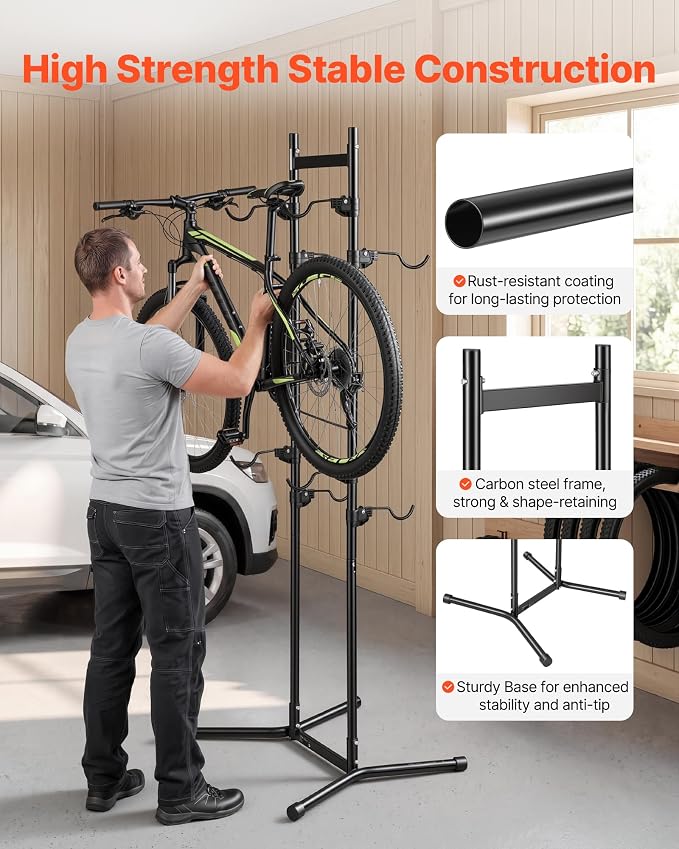 VEVOR Bike Stand for 2 Bikes, Freestanding Vertical Bike Storage Rack, with Height-Adjustable Hooks, Heavy-Duty Carbon Steel Standing Bicycle Floor Stand, Ideal for Garage, Apartment, Home, Black