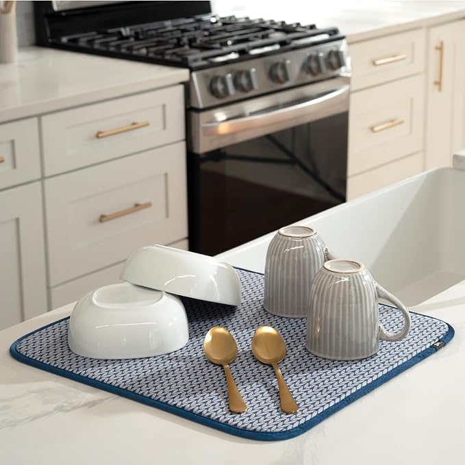 S&T INC. Dish Drying Mat, 16” x 18”, Absorbent Microfiber Kitchen Counter Mat, Dish Drying Pad for Dishes, Utensils, Pots and Pans, Large, Blue Stockinette