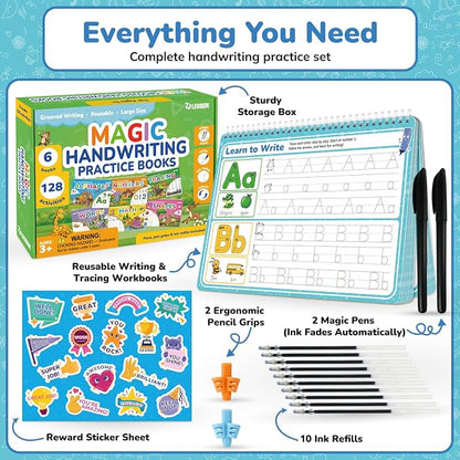 LEOGOR Magic Grooved Writing Practice for Kids - 6 Grooved Writing Books for Kids 3-5 & 6-8 - Disappearing Ink Handwriting Books - Traceable Letters Numbers for Preschool - Reusable Learning Activity