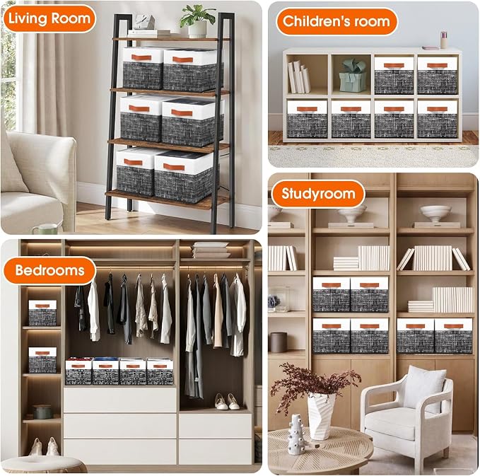 Fab totes Collapsible Storage Baskets for Shelves,14"x10", 6 Pack Foldable Fabric Storage Bins with Double Leather Handles, Large Baskets for Organizing Books, Clothes, White & Black
