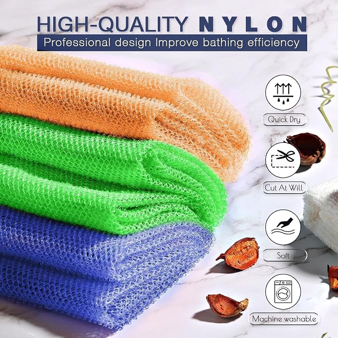 UJFQBH 3 Pieces African Bath Sponge African Net Long Net Bath Sponge Exfoliating Shower Body Scrubber Back Scrubber Skin Smoother,Great for Daily Use (Orange、Blue、Green)