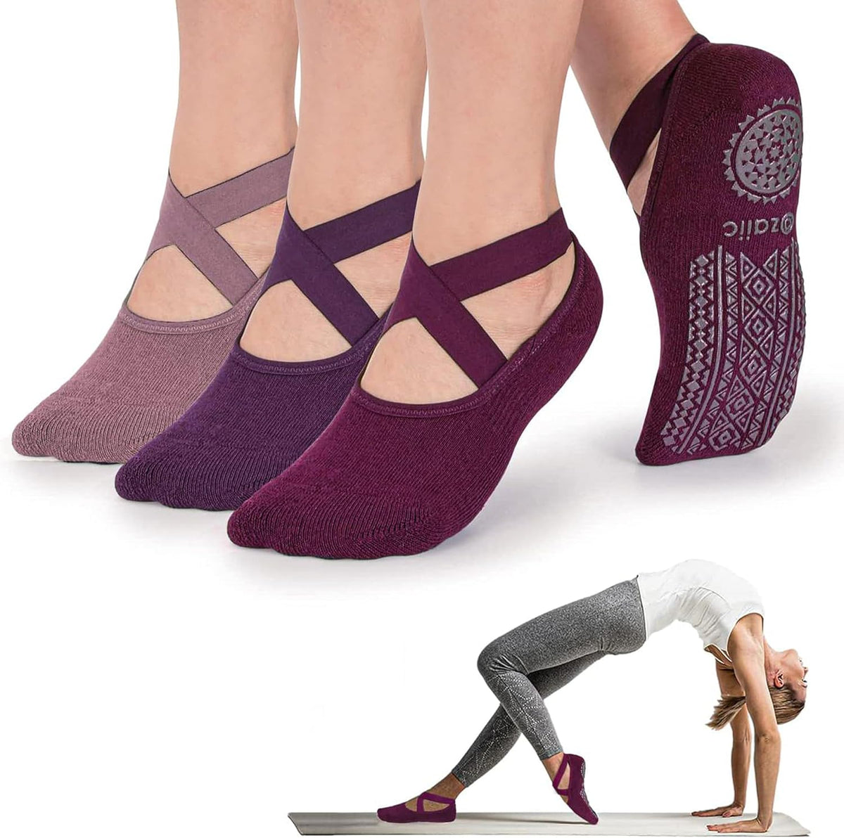 Ozaiic Yoga Socks for Women Non-Slip Grips & Straps, Ideal for Pilates, Pure Barre, Ballet, Dance, Barefoot Workout