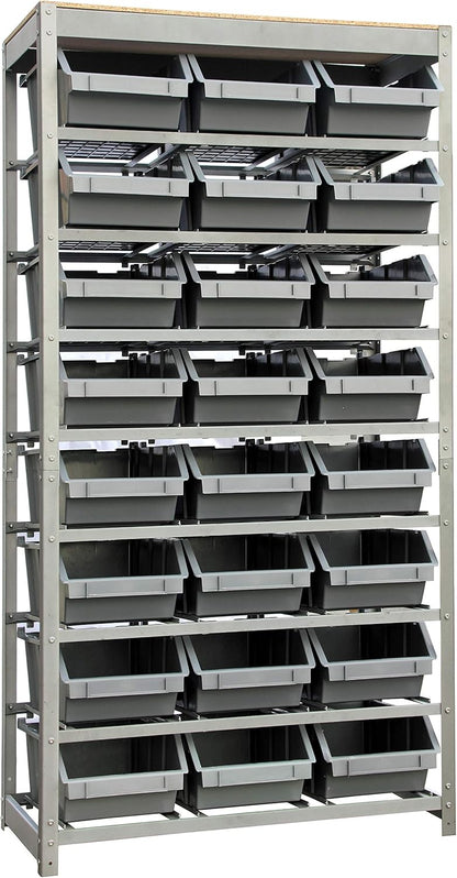 King's Rack Bin Rack Storage System Heavy Duty Steel Rack Organizer Shelving Unit w/ 24 Plastic Bins in 8 Tiers