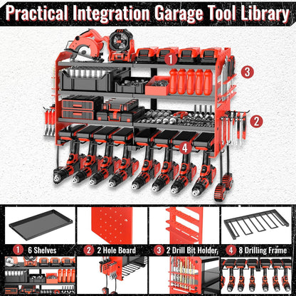 Metal Power Tool Organizer Rack Wall Mount, Garage Tool Drill Storage Shelves with Screwdriver Plier Holder (Red, 8 Drills Holder)