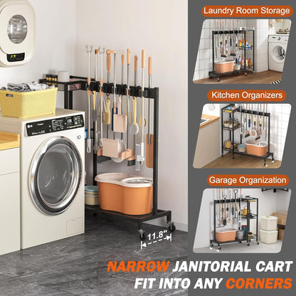 Broom Holder with Cleaning Supplies Organizer, Broom Closet Storage Cabinet with Cleaning Caddy, Cleaning Cart with Mop Hanger Gripper Rack Hooks,Janitorial Housekeeping cart,Laundry Room Organization