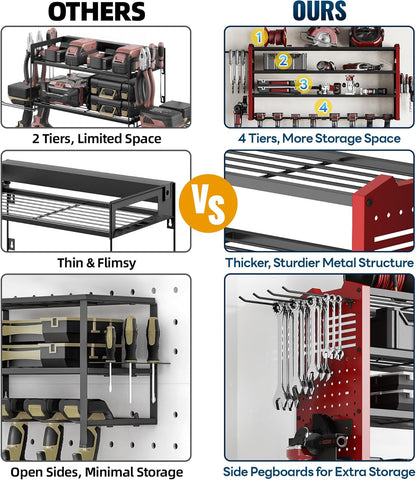 Tomorotec Wall-Mounted Power Tool Storage Rack for Drill, Toolbox & Accessories, Heavy-Duty Steel Organizer with Side Hooks and Adjustable Shelves, Easy Installation Garage & Workshop Storage (Red)