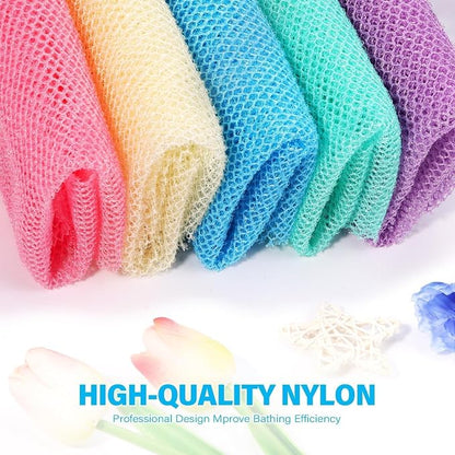 UJFQBH 5 Pieces African Bath Sponge African Net Long Net Bath Sponge Exfoliating Shower Body Scrubber Back Scrubber Skin Smoother,Great for Daily Use (Purple, Pink, Green, Blue, White)