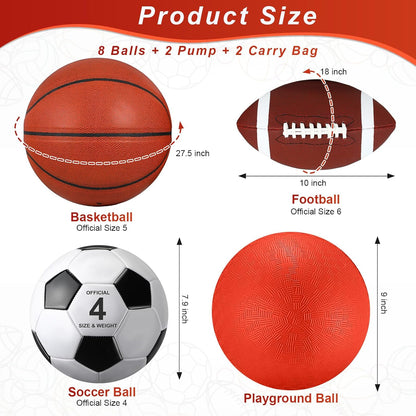 Liliful 8 Pcs Sport Balls Set with Pump Mesh Bag Gifts for Kid Teen Operation Christmas Basketball Soccer Football Playground Ball for Christian Charity Donation Student Team PE Class