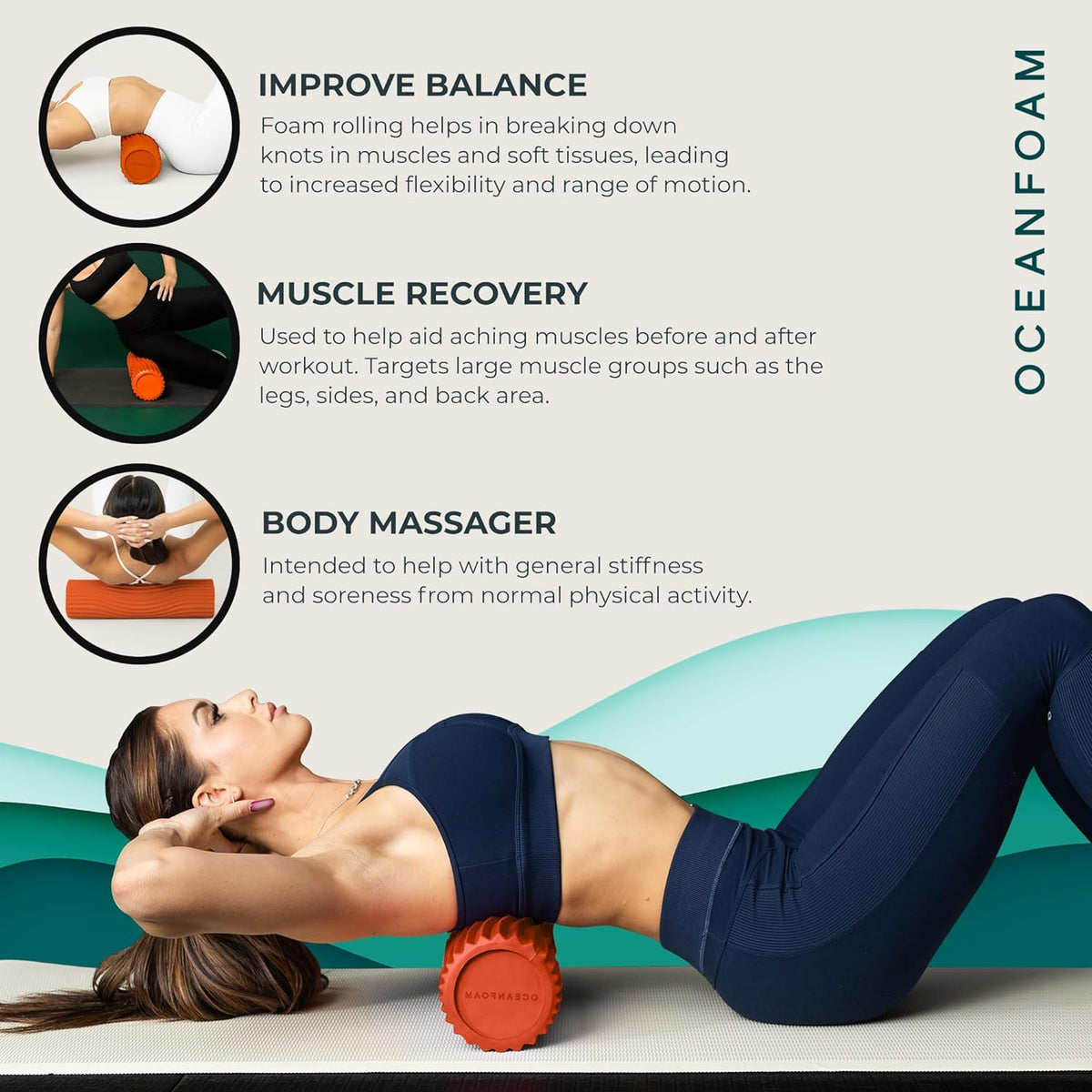 Oceanfoam Tidal Roller - Orange - Muscle Massage Foam Roller for Back Pain & Stretching - Firm and Ergonomic Wide Wave Textured - Yoga, Athletics, & Wellness - Full Size, 20" x 5"