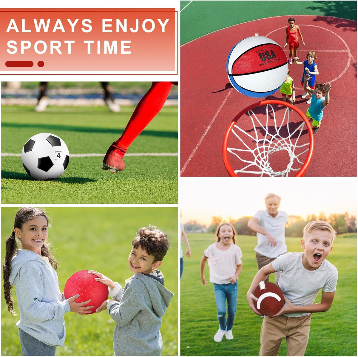 Liliful 8 Pcs Sport Balls Set with Pump Mesh Bag Gifts for Kid Teen Operation Christmas Basketball Soccer Football Playground Ball for Christian Charity Donation Student Team PE Class