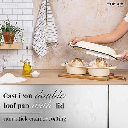 Dutch Oven For Sourdough Bread Baking – Enamelled Cast Iron Bread Loaf Pot – 500°F Oven Safe Non Stick Bread Pot – Double Round Loaf Space, 16.5cm Diameter, Cream, – by Nuovva