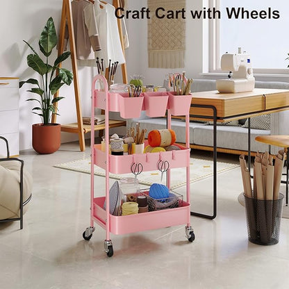 3 Tier Metal Rolling Cart with Lockable Wheels and Handle, Three Tiered Pink Trolley Cart on Wheels, Utility Storage Organizer for Bathroom, Kitchen, Teachers, Art, Crafts, Baby Diaper, Snack, Nail