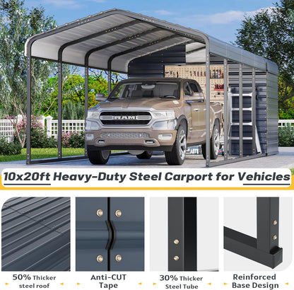 EROMMY 10x25 FT Carport Storage Shed 2-in-1, Heavy Duty Car Port with Galvanized Metal Frame, Base-Reinforced Enclosed Storage Shelter, Extended Coverage for Trucks, Cars & All Vehicles, Gray