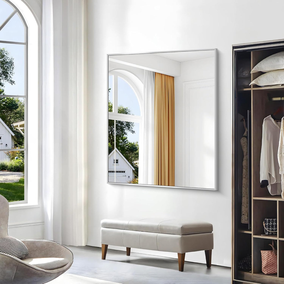 Silver Bathroom Mirror,40x48 inch Wall Mirror for Bathroom Wall Mounted,Large Rectangle Mirror for Bathroom Over Sink,Modern Metal Frame for Living Room,Bedroom Entryway,Horizontal/Vertical