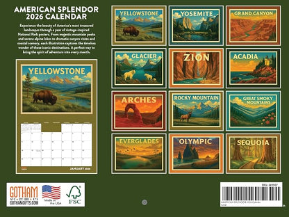 National Parks Vintage Travel Poster Calendar 2026 Monthly Wall Calender 12 Month | American Made In The USA