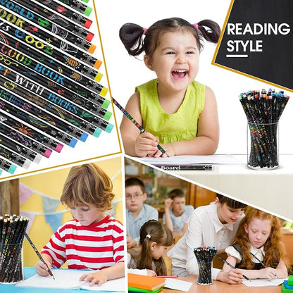 Pasimy 480 Pcs Reading Motivational Pencils Bulk Black Novelty Wooden Pencils with Eraser Classroom Inspirational Pen with Sayings for Kids Student Teacher School Reward Gifts Stationery Party