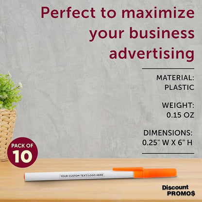DISCOUNT PROMOS Custom Value Stick Pens Set of 10, Personalized Bulk Pack - Black Ink, Great for Office, School, Business, Tradeshows, Events - Orange