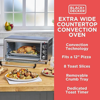 BLACK+DECKER TO3250XSBD 8-Slice Extra Wide Convection Countertop Toaster Oven, Includes Bake Pan, Broil Rack & Toasting Rack, Stainless Steel/Black
