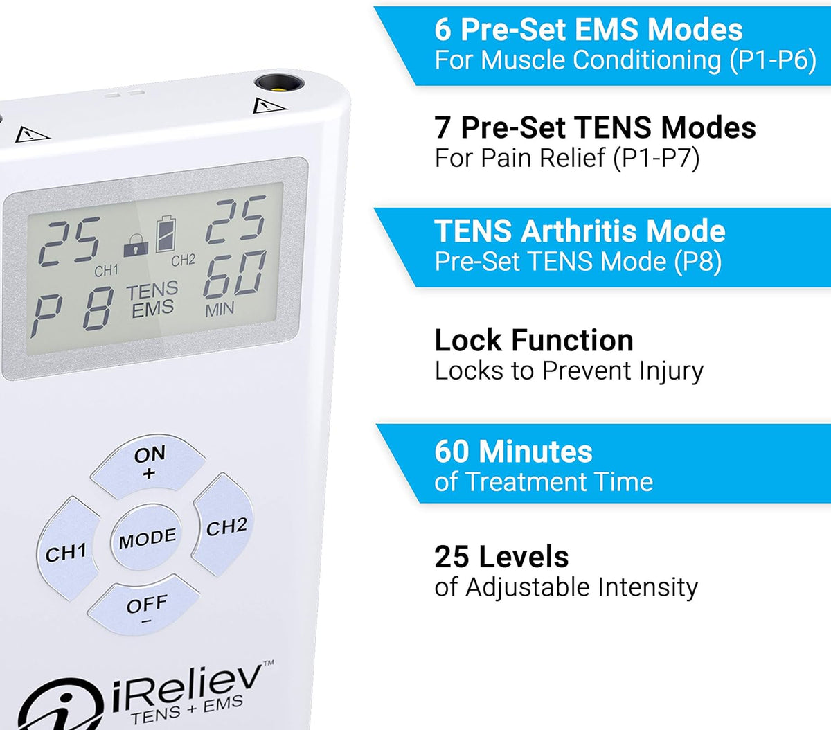 iReliev TENS + EMS Combination Unit Muscle Stimulator for Pain Relief & Arthritis & Muscle Strength with Backlit Display