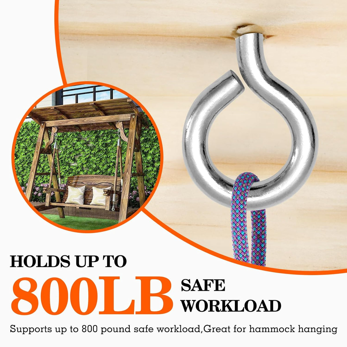 2Pcs Self Tapping Eyelet Screw Eye Bolt，6 Inch Heavy Duty Screw Eyes Hooks ，M10 Wooden Large Screw Eye Hook，Load Capacity 800 Lbs for Hammock ，Yoga，Heavy Indoor Outdoor Uses (2, M10-6 INCH)